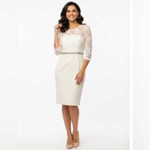 Elegant Lace Overlay Cream Dress with Rhinestones